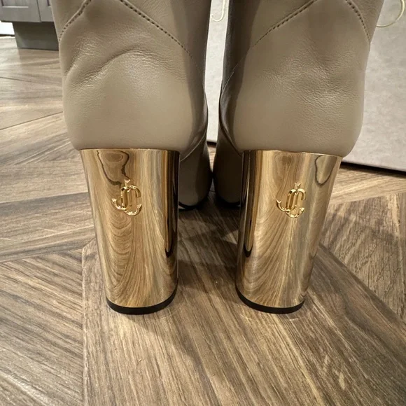 Jimmy Choo Rydea Cream Heeled Boots with Gold Accents - Picture 6 of 10